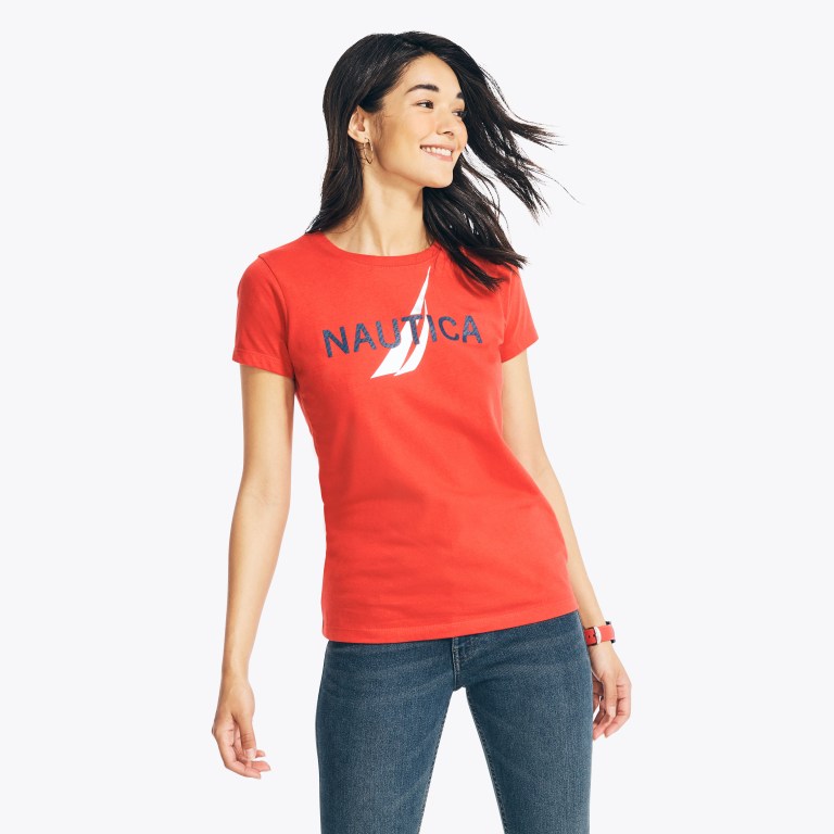 Nautica Sustainably Crafted Foil J-class Grafische T-shirts Dames Rood | aTWngRjV