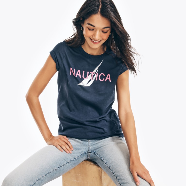 Nautica Sustainably Crafted Foil J-class Grafische T-shirts Dames Blauw | ru2EKkq2