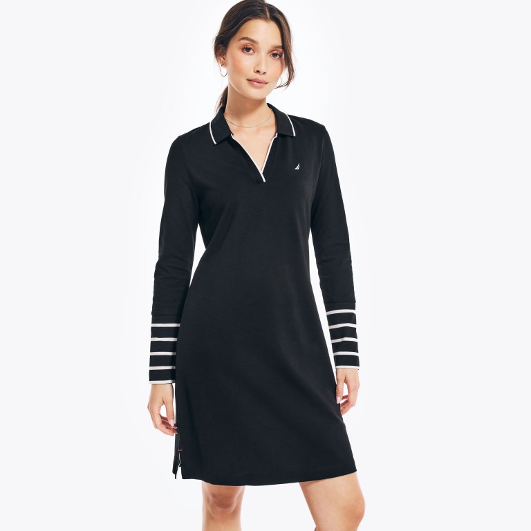 Nautica Sustainably Crafted Striped Long-sleeve Jurken Dames Zwart | NcuOCvpd